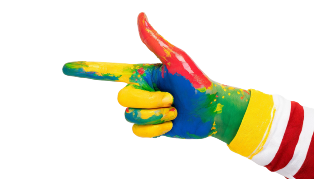 Fun colorful painted hand pointing with one finger. For use as an attention getter in graphics.