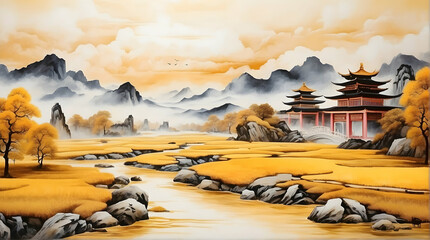 A classic Asian landscape painting style featuring mountains, pagodas, rivers, and trees amidst a misty, golden backdrop