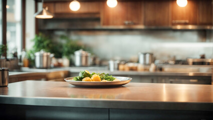 A cold dinner plate on the counter of a spacious kitchen illuminated by lamps. Integral kitchen.
