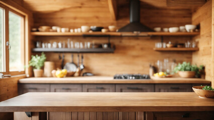 Wooden countertop of a cabin with an unfocused kitchen in the background. kitchen utensils. Cozy home. - obrazy, fototapety, plakaty