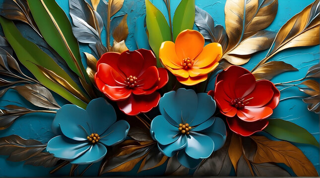 This image showcases a stunning 3D floral arrangement with metallic tones on a textured blue background, creating a visually captivating composition