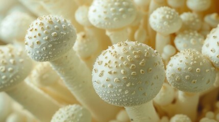 A of emerging fungal fruiting bodies each one a pure white globe bursting with potential for growth and expansion. - obrazy, fototapety, plakaty