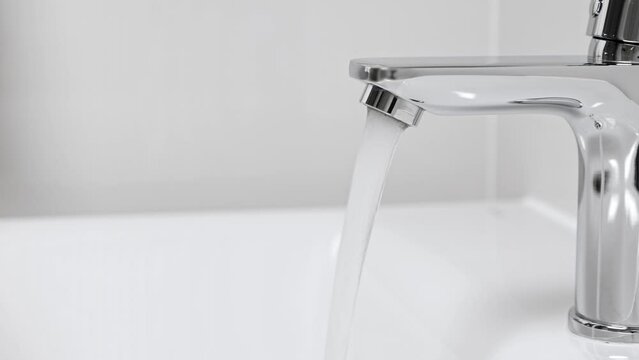 Water running from faucet closeup. Nobody