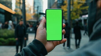 Man holding mobile phone with green screen in hand on street background,.copy space,mockup - Powered by Adobe