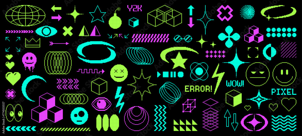 Aufkleber pixel y2k groovy rave, techno and psychedelic elements. vector set of pixelated brutalism trippy sig