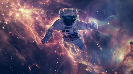 astronaut lost in space in a colorful nebula distorting space floating in high resolution and high quality HD - obrazy, fototapety, plakaty