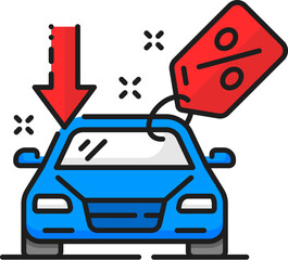 Car company, dealership discount, auto dealer linear icon. Vehicle salon, automobile center or car shop linear vector symbol. Auto sale dealership line pictogram or icon with price drop offer tag