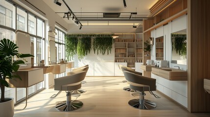 Hairdressing salon with chairs and plants by the window