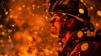 A firefighter bravely battling a wall of flames illuminated by the sparks flying around them. - obrazy, fototapety, plakaty