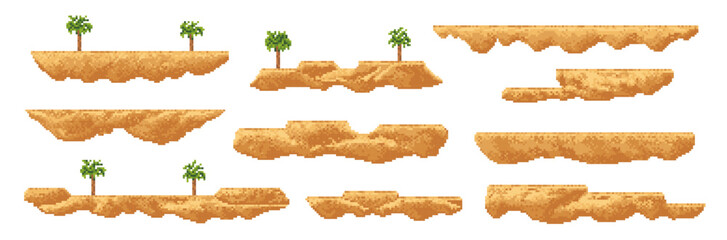 8 bit arcade pixel art game palm, sand dunes and oasis platforms, vector UI environment assets. Retro 2d video game floating jump platforms, exotic beach islands and desert blocks with tropical trees - obrazy, fototapety, plakaty