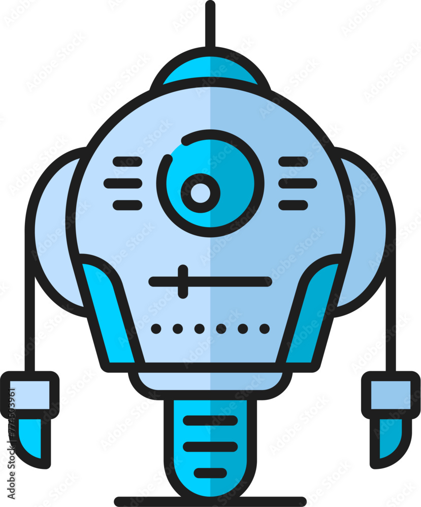 Fototapete Robot color line icon, cartoon robotic droid character or android bot on wheel, vector outline. Retro cyborg robot with mechanical arms, robotic machine or space alien and cyber android bot