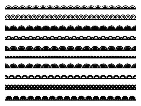 Scallop edge lace borders, frames and dividers, frill ribbons, fabric patterns set. Black border lines vector silhouettes with seamless pattern of waves, floral crochet lace, eyelet trim textile band
