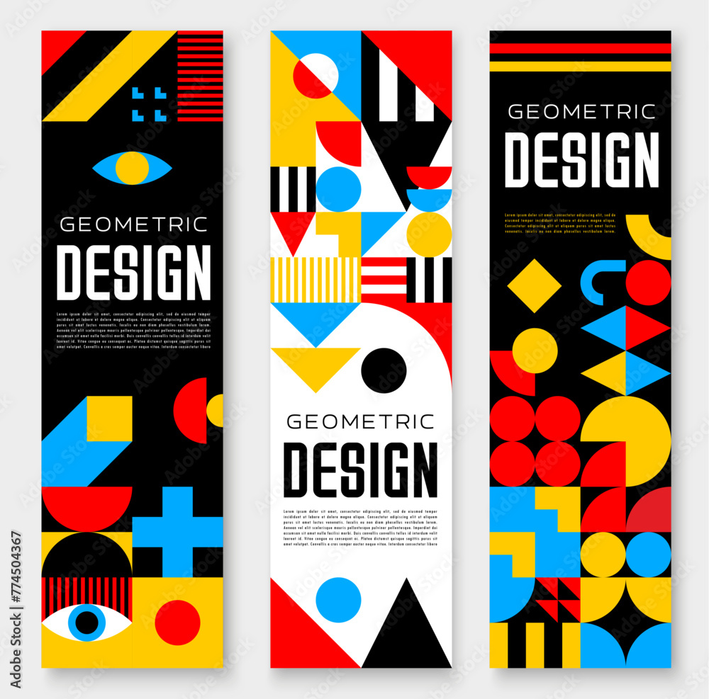 Poster Abstract futuristic banner with geometric shapes and elements. Abstract vertical vector backgrounds or cover templates with geometry pattern, retro minimal graphic forms, lines and vibrant colors