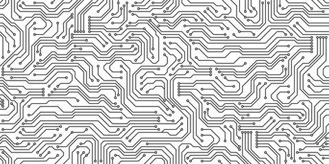 Circuit board seamless pattern, computer motherboard background. Vector technology motif with chips, pathways, electronic components and soldered connections. Interconnected monochrome tile design