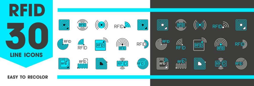 RFID icons of radio frequency identification tags in digital technology, vector line symbols. RFID icon of identity tag or tracking chip and microchip label as identification and data reader