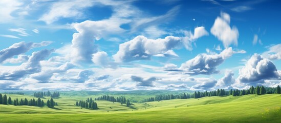A vibrant image on a computer screen displaying a picturesque green field with tall trees under a clear blue sky