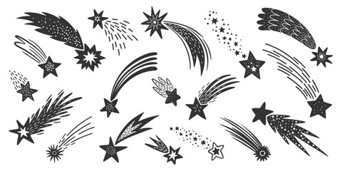 Doodle shooting space stars with trails, falling galaxy comets and meteors silhouettes. Cosmic hand drawn meteorite traces isolated monochrome vector symbols set. Streaks of light and energy in motion © Vector Tradition