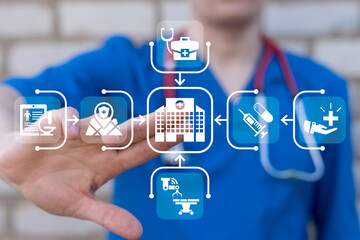 Doctor using virtual touch screen presses button with icon: clinic. Hospital building haelth care...