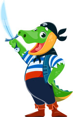 Cartoon funny crocodile animal pirate sailor character, croc corsair seaman. Isolated vector rover or boatswain reptile personage with saber, sailing the high seas in search of treasure and adventure