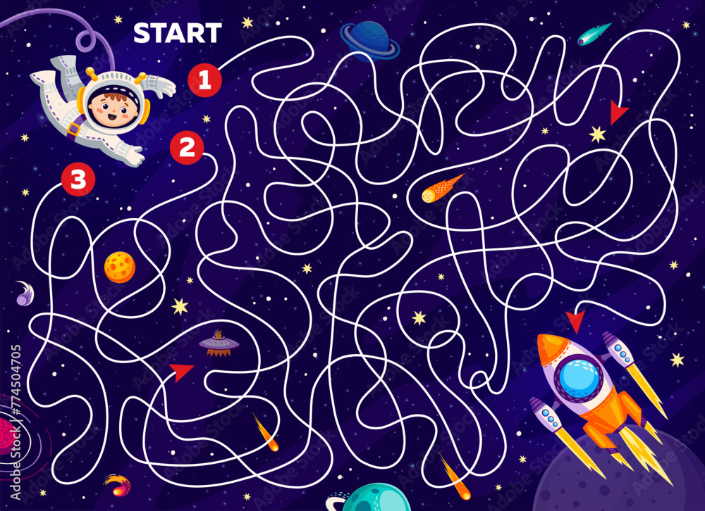 Poster Kids space labyrinth maze game quiz with kid astronaut finding path to galaxy rocket, cartoon vector. Help kid spaceman to find way out to space shuttle in starry sky with alien UFO and asteroids