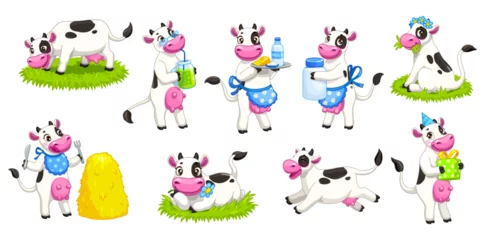 Poster Cartoon cute cow characters, isolated vector set of kawaii farm animal parsonage with a heartwarming smile and pink cheeks, joyfully grazing on summer field, eating straw, play and giving milk © Vector Tradition