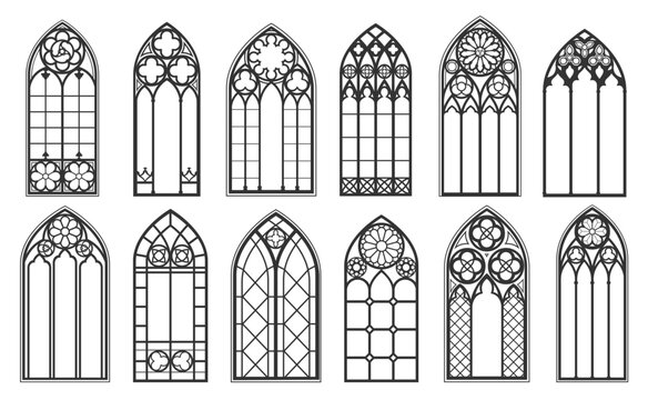 Catholic gothic church windows and medieval arch outline black silhouettes isolated vector set. Vintage stained glass frames. Traditional european architecture, cathedral interior monochrome elements