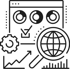 Web analyst, IT specialist icon for data management, analysis and web project report, line vector. Web analyst pictogram of data integrity and server security specialist in digital project performance