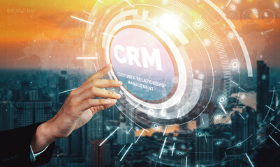 CRM Customer Relationship Management for business sales marketing system concept presented in futuristic graphic interface of service application to support CRM database analysis. uds - obrazy, fototapety, plakaty