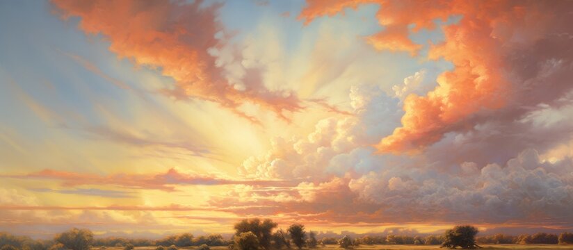 A serene painting capturing the beauty of a colorful sunset over a vast field, adorned with trees and clouds in the sky