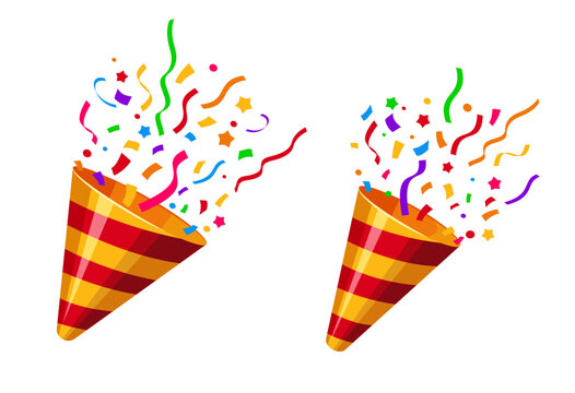 Popper striped cone with confetti, holiday party firecracker. Isolated vector birthday shooters eject a burst of colorful paper or foil, spreading cheer and creating a festive, celebratory atmosphere