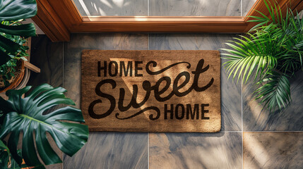 Home Sweet Home Welcome Mat At Front Door of House. Generative AI. - 774505704
