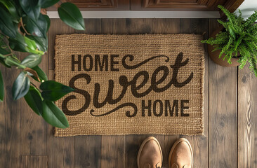 Home Sweet Home Welcome Mat At Front Door of House. Generative AI. - 774505718