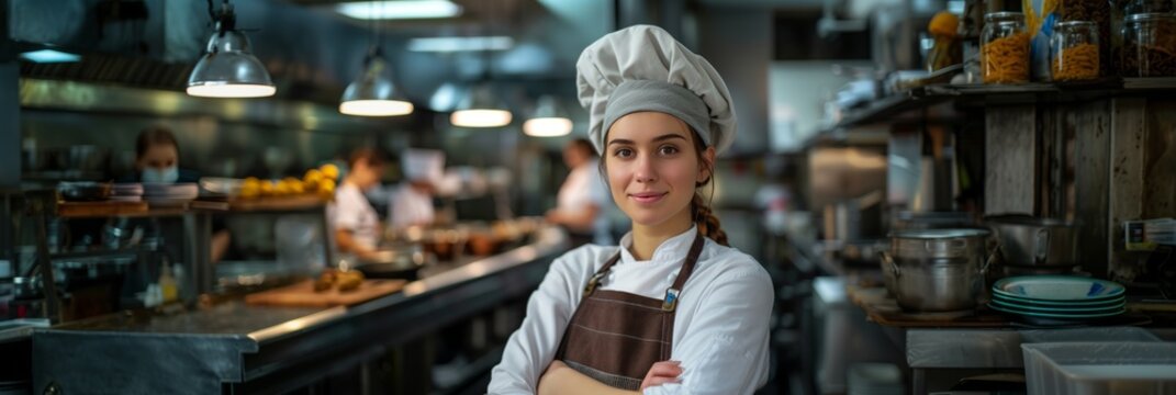 A Caucasian middle-aged woman wearing a chefs hat, standing in a kitchen. - Powered by Adobe