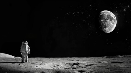 astronaut on a meteorite with the moon in high resolution and quality