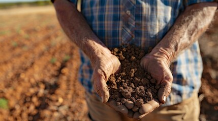 A concerned farmer holding a handful of dry and dead soil highlighting the devastating impact that conseive heatwaves can have on the fertility and health of farmlands. - obrazy, fototapety, plakaty