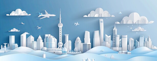 Paper art style depicting travel and journey with an airplane, city skyline buildings and theme park in white color on a blue background.