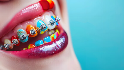 Braces and brackets on teeth for a healthy smile.