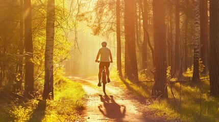 cyclist rides a bike on road forest in the morning