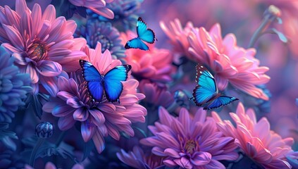 A group of pink chrysanthemums with bright blue butterflies on it, in the realistic oil painting