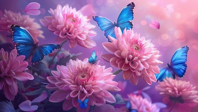A group of pink chrysanthemums with bright blue butterflies on it, in the realistic oil painting