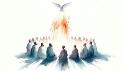 Pentecost. The descent of the Holy Spirit on the followers. People in front of a burning fire with white dove above them. Digital painting.
