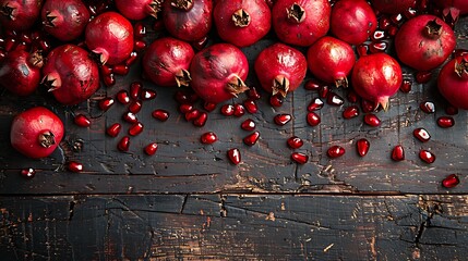 Ruby-red pomegranate seeds lie scattered like precious gems against a backdrop of dark, textured wood. Each seed is a burst of juicy flavor waiting to be discovered in this exquisite composition. - obrazy, fototapety, plakaty