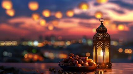 Ramadan Kareem lantern and dates fruit with city light background