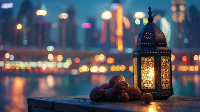 Ramadan Kareem lantern and dates fruit with city light background 