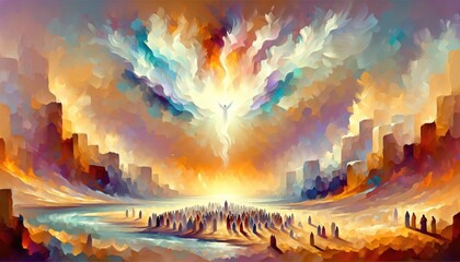 Pentecost. The descent of the Holy Spirit on the followers. People in front of a bright fire with white dove up in the sky. Digital painting.
 - obrazy, fototapety, plakaty