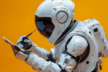 Fototapeta premium a white robot is painting on a canvas,generative ai