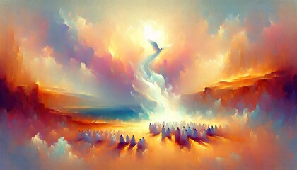Pentecost. The descent of the Holy Spirit on the followers. People in front of a burning fire with white dove in the sky. Digital painting.
 - obrazy, fototapety, plakaty