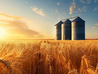 silos against a golden wheat field, agricultural abundance