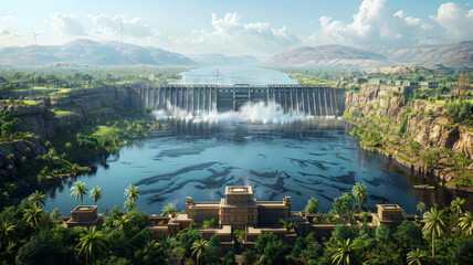 Obraz na płótnie Canvas Harmonizing tech with nature: Bitcoin mining at Ethiopia's Grand Dam.generative ai
