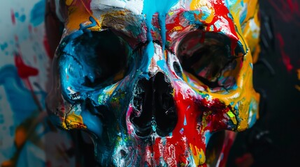 spooky skull adorned with vivid paint, artistic contrast